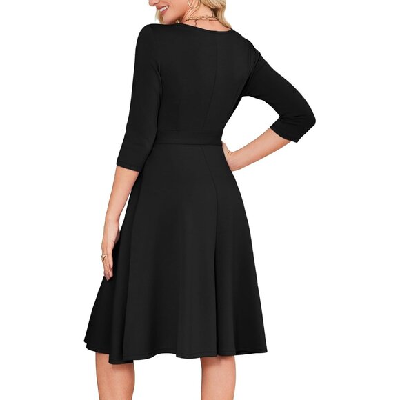 Women's Black 3/4 Sleeve Vintage Flattering A-line Vintage Cocktail Dresses - Picture 5 of 5